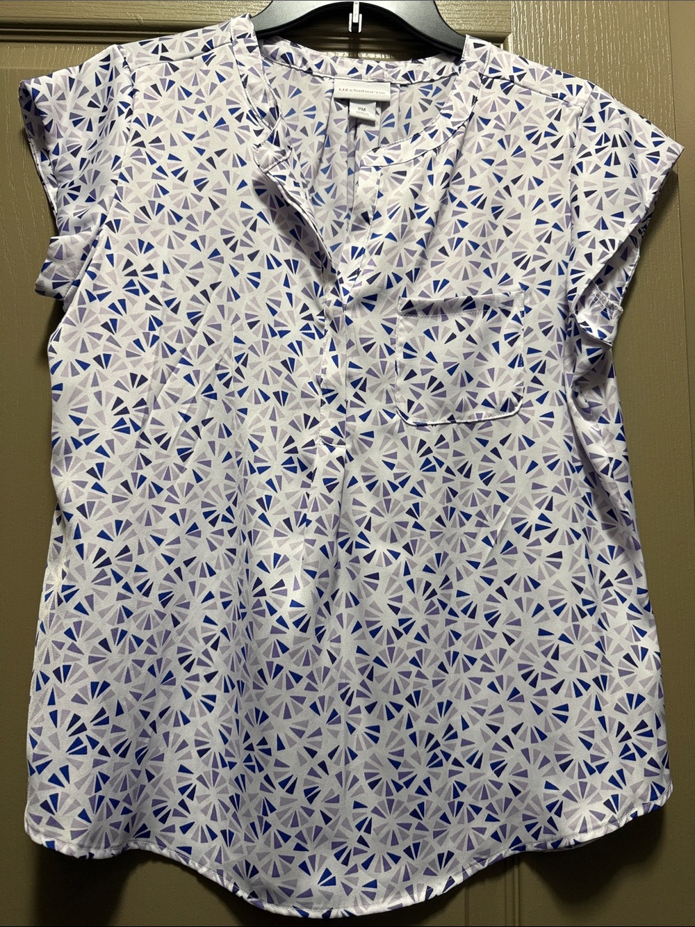 Liz Claiborne Violet, Purple& White Geometric Cap-Sleeve Blouse